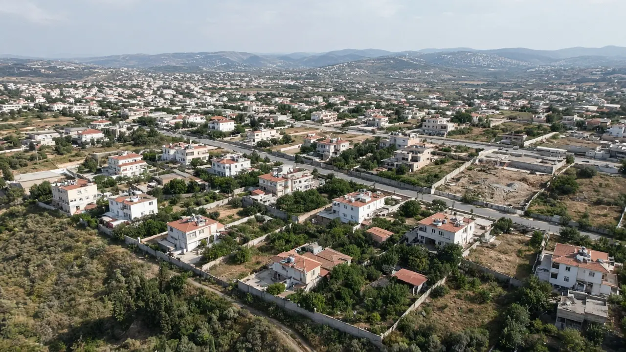 Yerleşim kenarında mevcut yapı ve parsellerin görüldüğü arazi